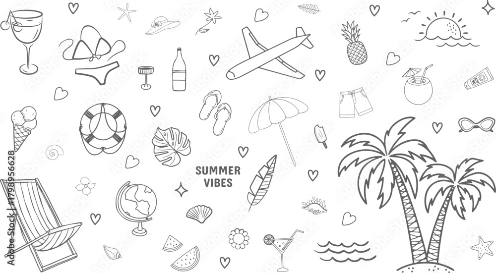 Obraz premium Summer vacation doodle vector set – hand drawn beach, travel, tropical holiday icons, cute summer elements for patterns, backgrounds, posters, and vacation-themed design projects