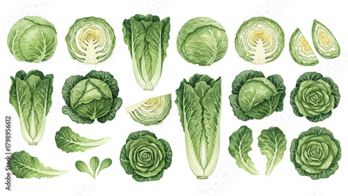 A collection of realistic illustrations featuring green cabbage and romaine lettuce, shown whole, cut in half, and as single leaves on a transparent background.