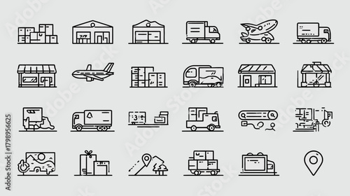 Logistics and Shipping Line Art Icons Set. E-commerce Delivery, Transport, Warehouse, and Supply Chain Outline Vector Symbols