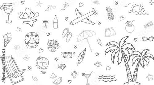Summer vacation doodle vector set – hand drawn beach, travel, tropical holiday icons, cute summer elements for patterns, backgrounds, posters, and vacation-themed design projects