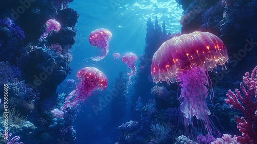 Fototapeta Naklejka Na Ścianę i Meble -  A vast ocean with an underwater kingdom, where mermaids and sea serpents swim among towering coral castles and glowing jellyfish.