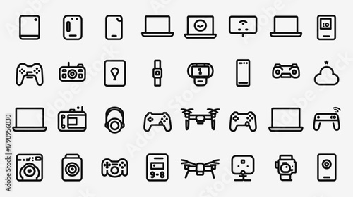 Set of diverse technology outline icons: smartphones, tablets, laptops, drones, smartwatches, and various digital gadgets