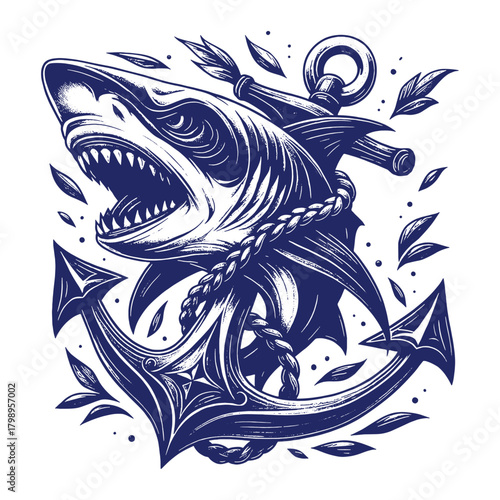 Shark and anchor tattoo-style bold vector illustration for apparel prints, stickers, and nautical graphic designs