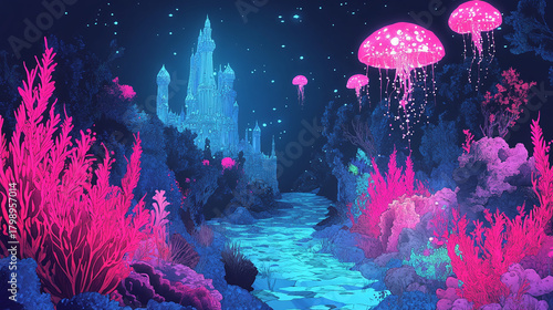 Fototapeta Naklejka Na Ścianę i Meble -  A vast ocean with an underwater kingdom, where mermaids and sea serpents swim among towering coral castles and glowing jellyfish.