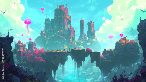 Fototapeta Naklejka Na Ścianę i Meble -  A vast ocean with an underwater kingdom, where mermaids and sea serpents swim among towering coral castles and glowing jellyfish.