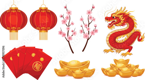 Chinese New Year icon vector—dragon, lanterns, cherry blossoms, red envelopes, gold ingots, and festive symbols for cultural celebration visuals