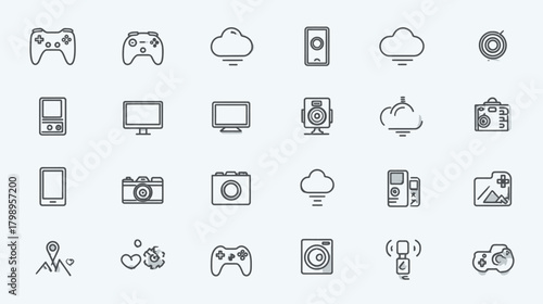 Modern Technology and Gaming Line Icons Set. Digital Devices, Cloud Computing, Media, and Entertainment Gadgets Vector Collection.