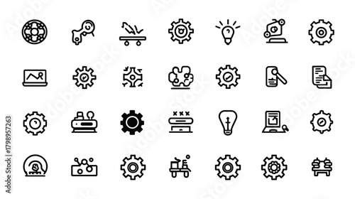 Modern Technology and Business Process Line Icons Collection. Includes engineering, development, settings, solutions, and global networking.
