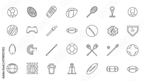 Sports Equipment Line Icons Set. Vector Outline Collection of Athletic Game Balls and Gear for Web and App Design.