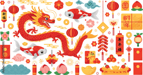 ChiChinese New Year icon vector—dragon, lanterns, firecrackers, gold ingots, plum blossoms, koi fish, and festive symbols for celebration