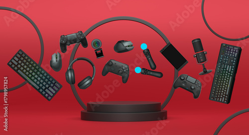 Multiple gaming devices and accessories floating above podium against abstract background, concept of modern gaming tech