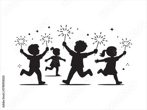 Silhouette of Children Running with Sparklers at Celebration Party For New Year