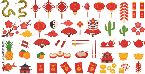 Chinese New Year icon set—green snakes, lanterns, fans, food, coins, and festive symbols for cultural celebration and prosperity visuals