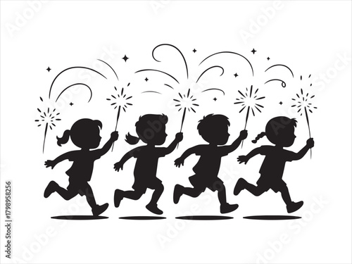 Silhouette of Children Running with Sparklers at Celebration Party For New Year
