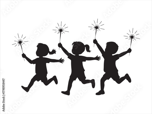 Silhouette of Children Running with Sparklers at Celebration Party For New Year