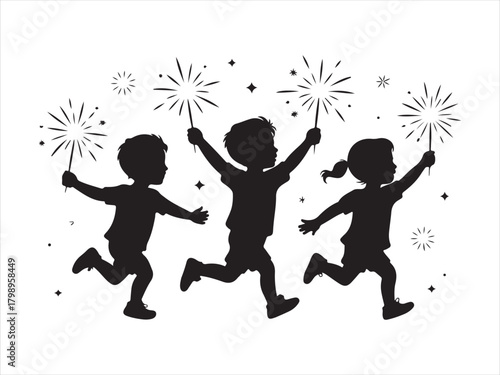 Silhouette of Children Running with Sparklers at Celebration Party For New Year