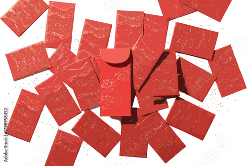 Chinese New Year icon vector—scattered red envelopes with gold patterns and confetti for prosperity and festive celebration visuals 