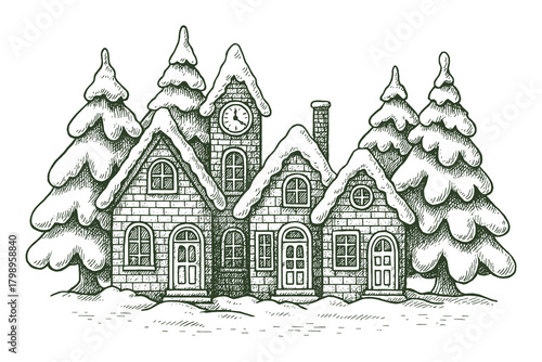 Snowy cottage village winter landscape vintage sketch vector for holiday cards, Christmas decor, and seasonal illustration