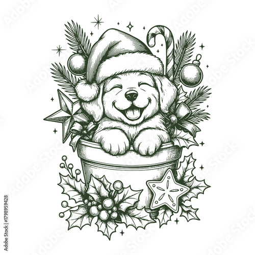 Cute Christmas puppy in gift box vintage line art vector for holiday cards, kids’ prints, and festive illustration themes