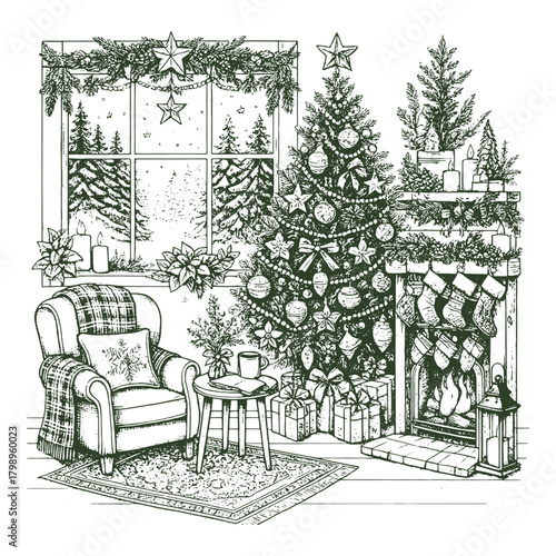 Cozy Christmas living room interior vintage sketch vector for holiday cards, winter decor, and festive illustration projects