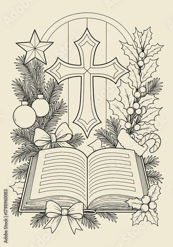 Christian Christmas cross and Bible vintage vector illustration for religious prints, holiday cards, and faith-themed decor
