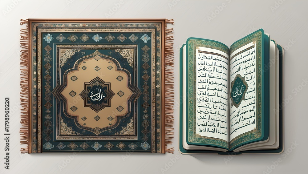 Fototapeta premium Traditional prayer rug with intricate motifs and an open holy book placed at the top, symbolizing devotion and worship.