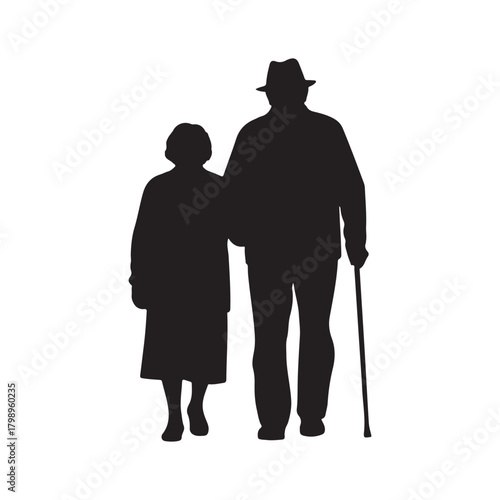 Elderly couple walking silhouette vector flat illustration design on white background