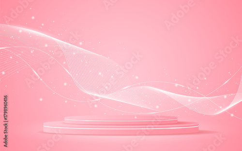 Pink podium with elegant white wave lines on the back for product presentation. Display of cosmetic products. Stage or podium. vector illustration.	