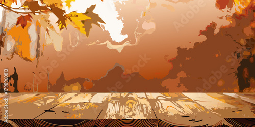 Autumnal scene with wooden table and falling leaves in warm orange and yellow tones