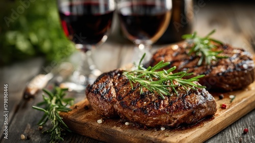 Grilled steak garnished with fresh rosemary served alongside red wine glasses on a wooden table