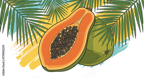 Fresh papaya fruit with green palm leaves and vibrant watercolor brush strokes.