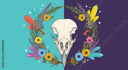 A mystical arrangement of a bird skull adorned with vibrant flowers sparkling crystals and lush greenery.