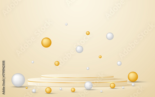 Cream podium with elegant gold lines with white and gold balls around it for displaying advertisements. Exhibit cosmetic products. Stage or podium. Vector illustration	