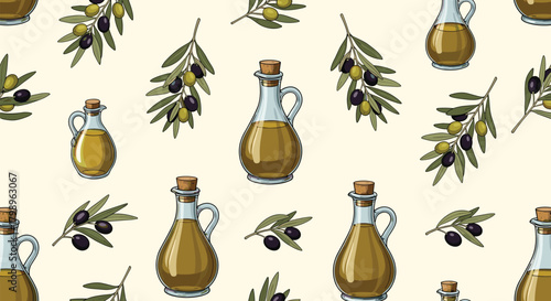 An assortment of olive oil bottles and olive branches arranged in a seamless pattern.