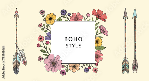 Boho style floral frame with arrows and feathers illustration.