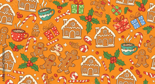 A delightful pattern of gingerbread houses candy canes and festive treats on an orange background.