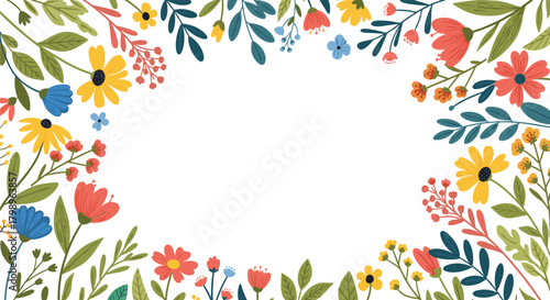 A vibrant floral border filled with diverse colorful blossoms and green leaves.