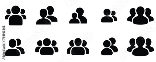 A collection of black silhouette icons depicting various groups of people, ideal for user interface design, social networks, team representation, and community concepts. Clean and versatile.