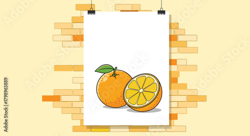 Fresh orange halves and a whole orange on a white paper displayed on a brick wall.