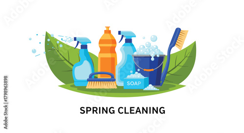 Spring cleaning supplies and tools for a spotless home.