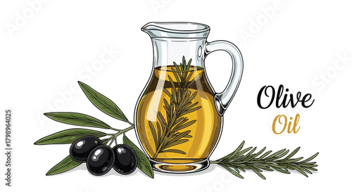 A delightful jug of golden olive oil infused with herbs next to fresh olives and rosemary.
