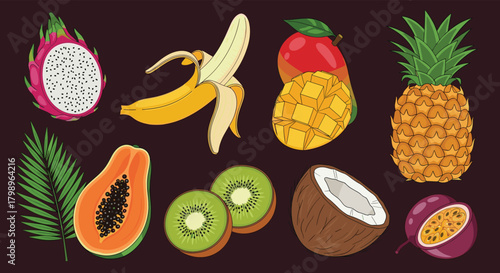 A vibrant collection of tropical fruits including banana mango pineapple dragon fruit and passion fruit.