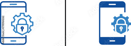 Mobile Security Icon: Illustrating mobile security with a smartphone featuring a padlock, keyhole, and gear wheel, conveying the concept of data protection and privacy in a digital world.