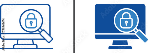 Digital Security Inspection: A vigilant magnifying glass hovers over a lock icon displayed on a computer screen, symbolizing the meticulous examination of data protection and cyber security.