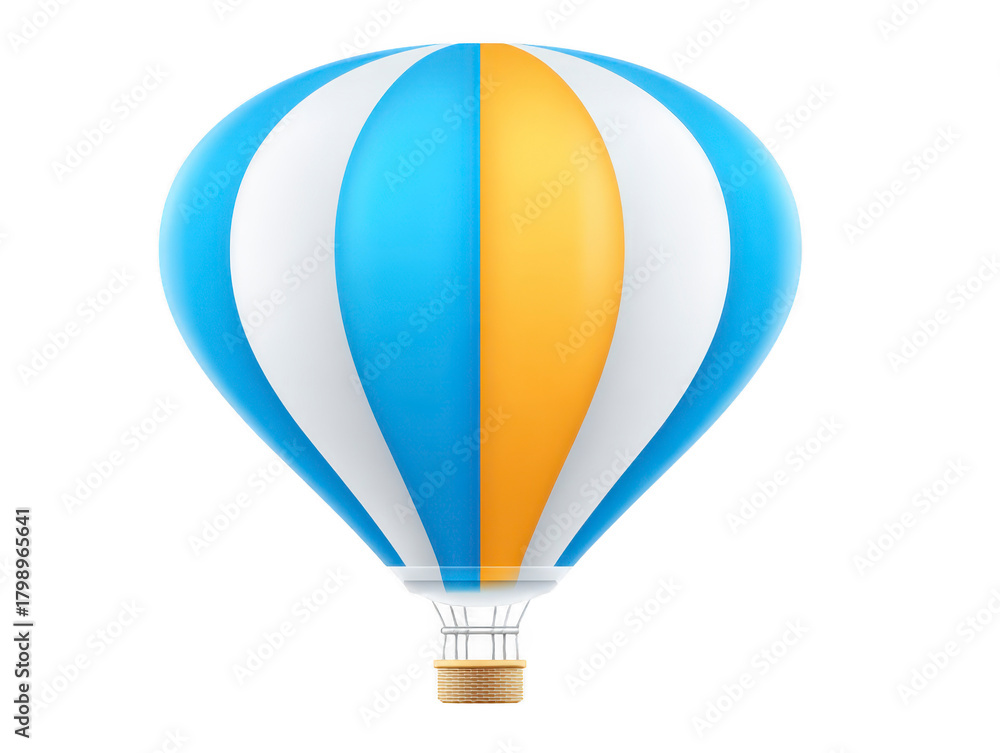 Naklejka premium Hot air balloon with blue, white, and orange stripes isolated on transparent background, featuring wicker basket and realistic design, symbolizing adventure and freedom
