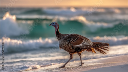 Fototapeta Naklejka Na Ścianę i Meble -  Wild turkey walks along the ocean shore at sunrise while waves crash gently against the sandy beach