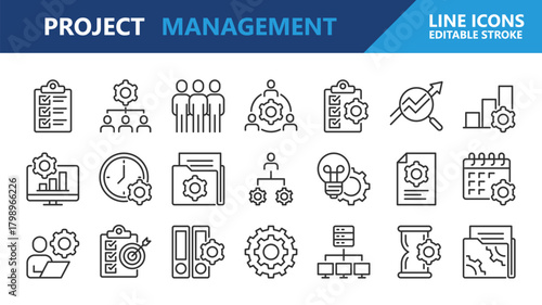 Project leadership icons. Project management line icon set. Editable Stroke.