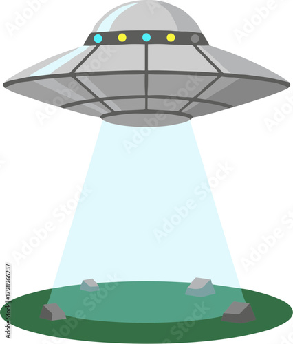 Cartoon Style Alien Spaceship Flying Saucer with Beam of Light Illustration
