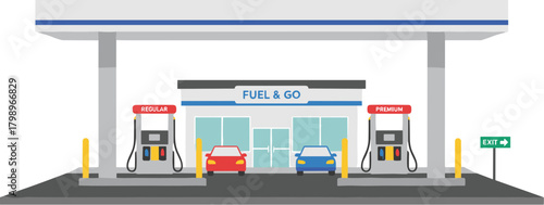Flat Design Gas Station with Cars and Fuel Pumps Illustration