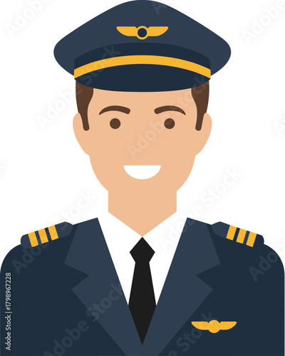 Flat Style Smiling Airline Pilot Avatar with Uniform and Cap Illustration